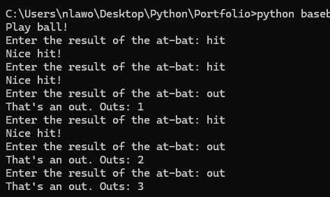Output for my simple baseball game