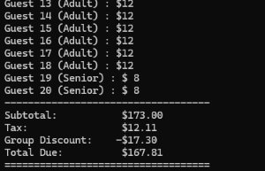 Second part of output for my movie tickets price calculator